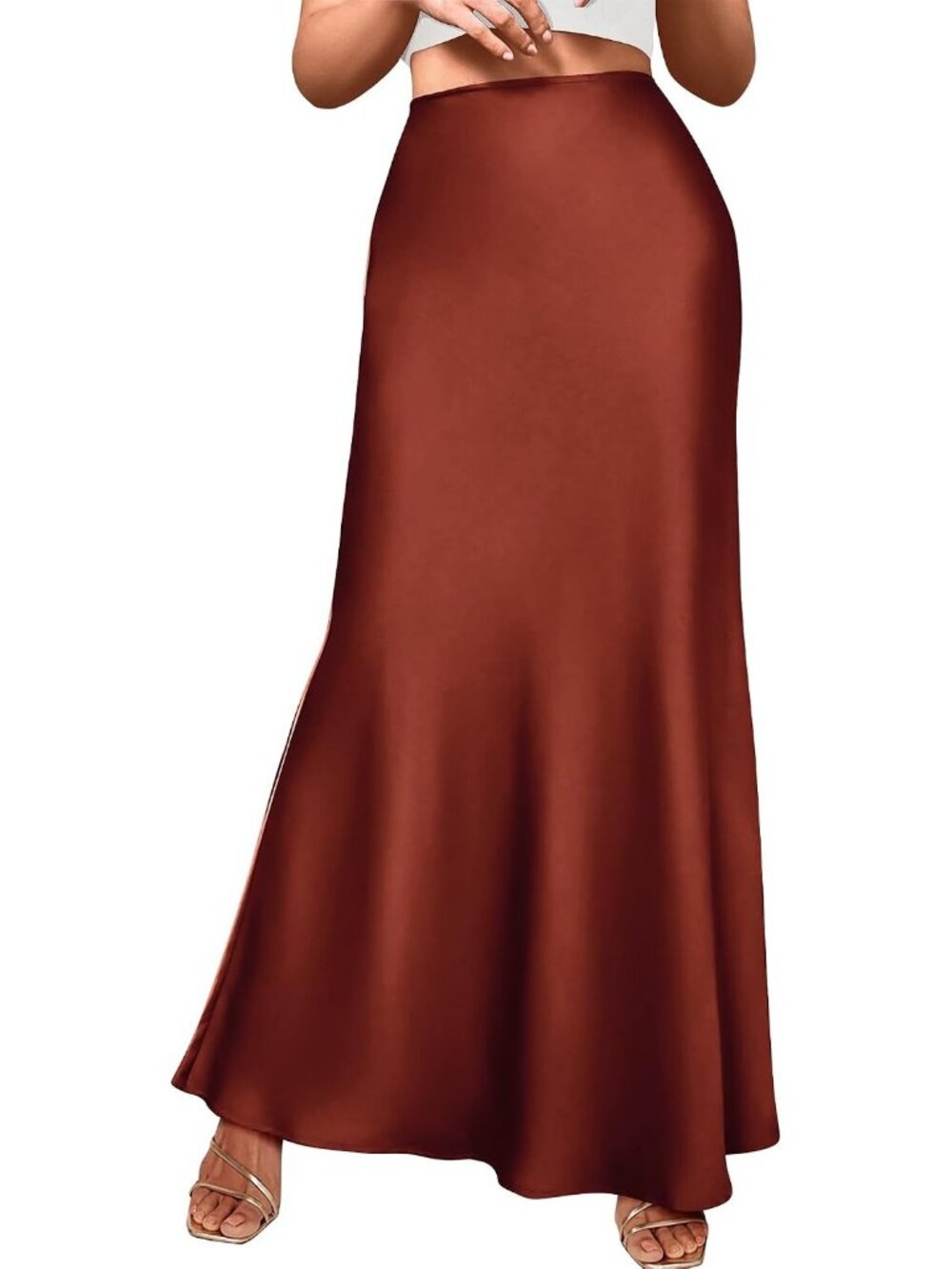 Women's Brown Satin Silk High Waist Flared Pull On Maxi Mermaid Satin Skirt